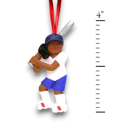 Personalized African American Female Softball Ornament with Name and Year – Resin Christmas Ornament.