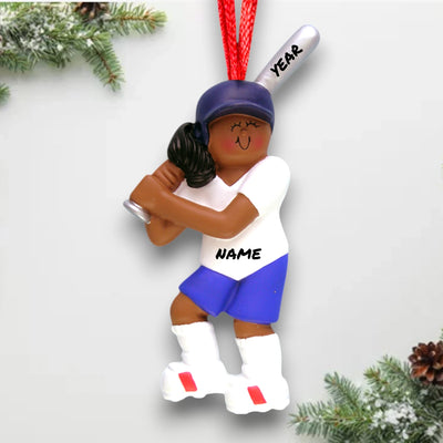 Personalized African American Female Softball Ornament with Name and Year – Resin Christmas Ornament.