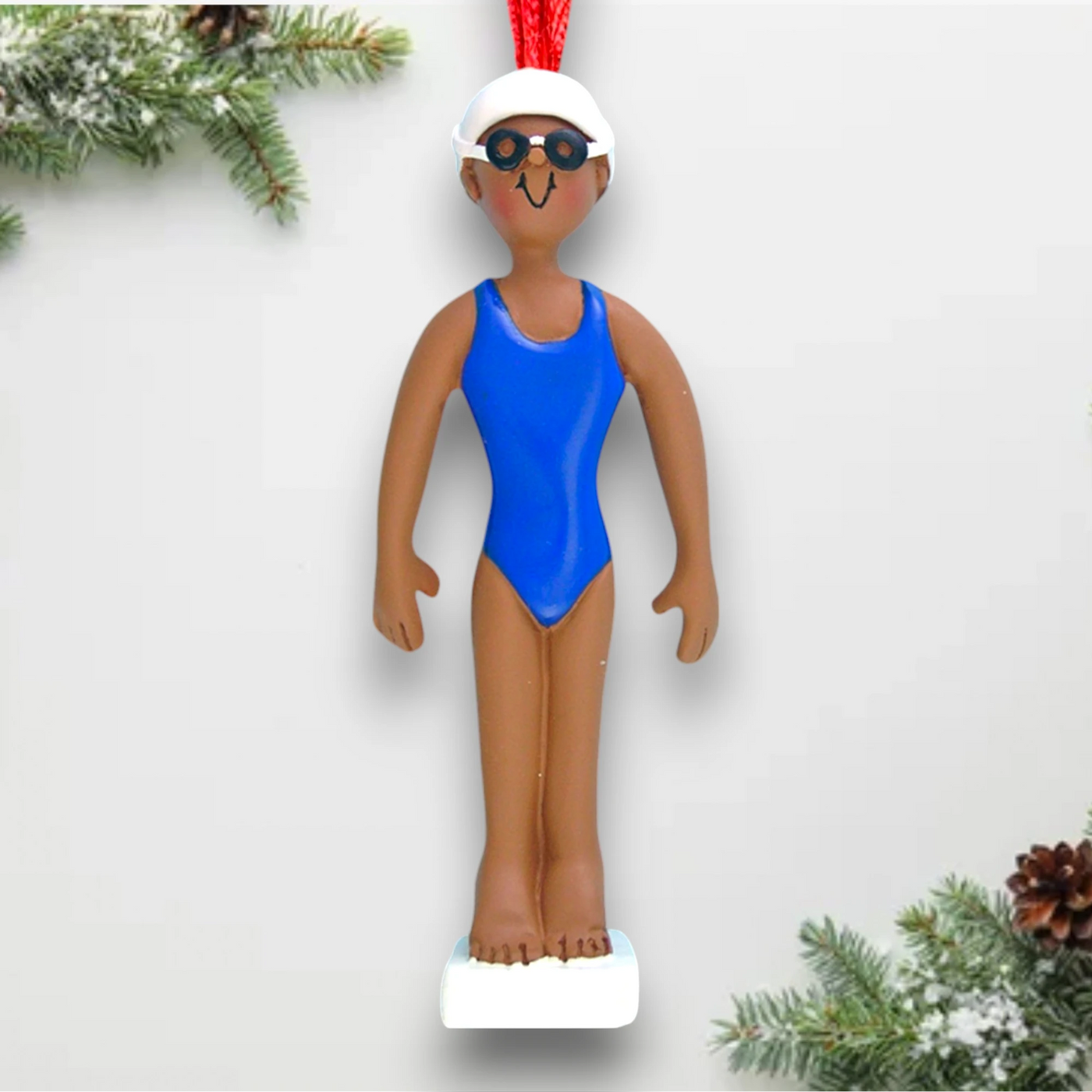 Personalized African American Female Swimmer Ornament with Name and Year – Blue Swimsuit Christmas Ornament