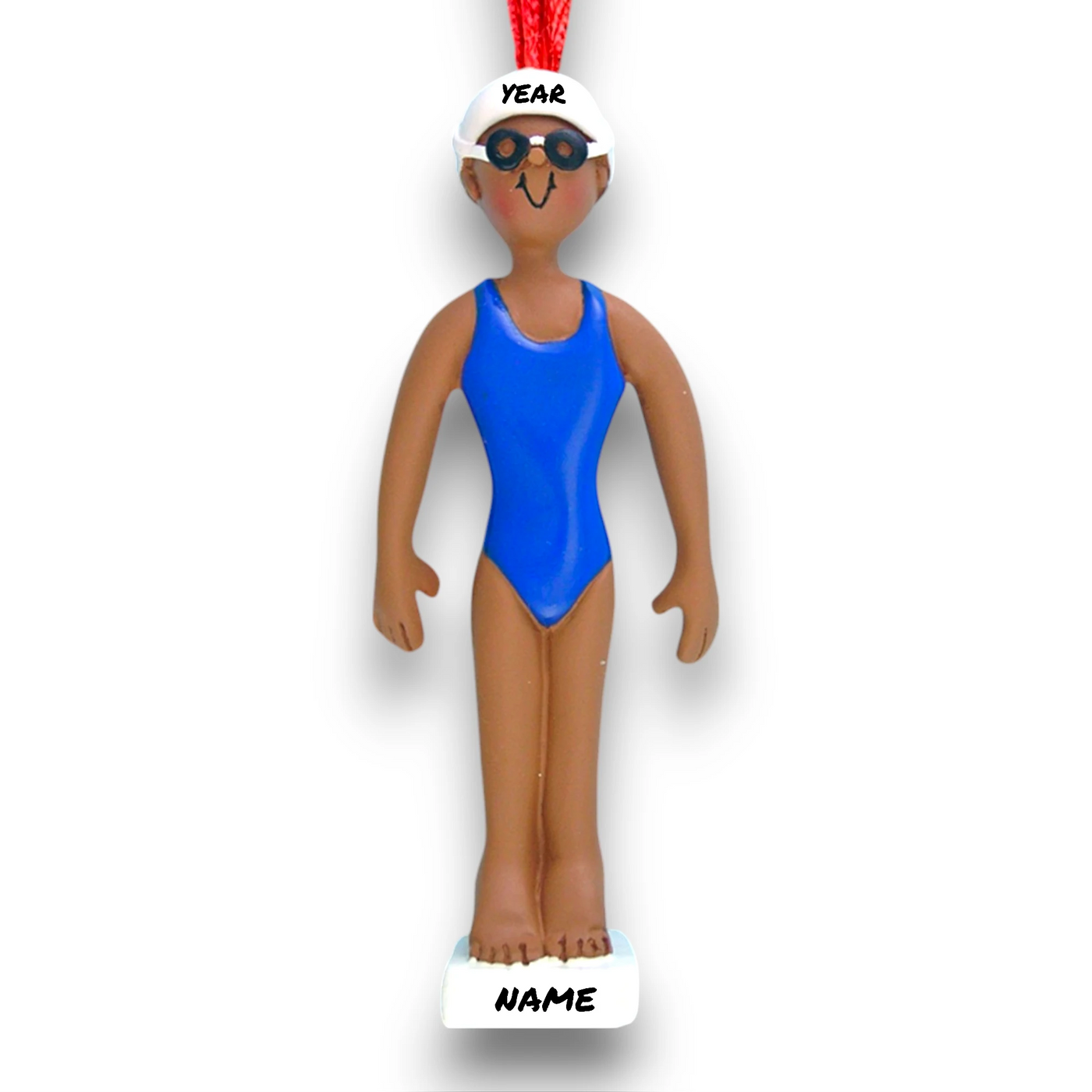 Personalized African American Female Swimmer Ornament with Name and Year – Blue Swimsuit Christmas Ornament