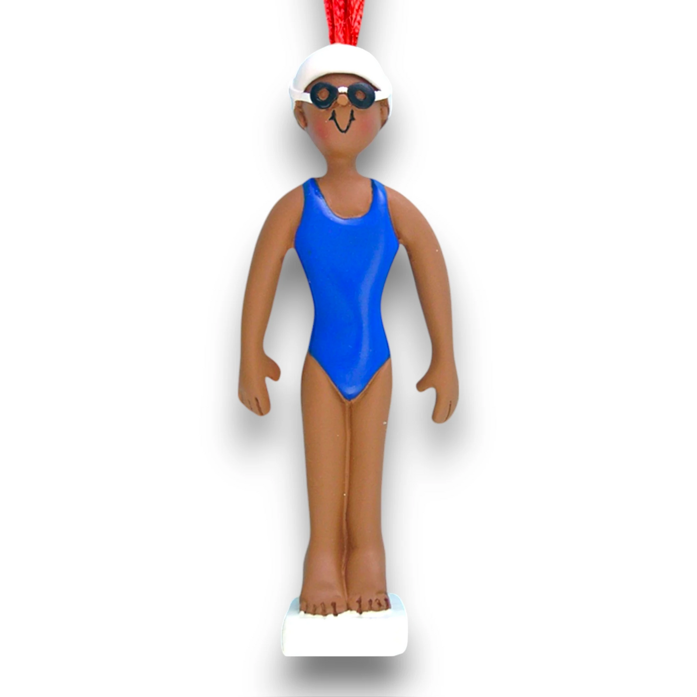 Personalized African American Female Swimmer Ornament with Name and Year – Blue Swimsuit Christmas Ornament