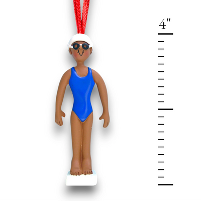 Personalized African American Female Swimmer Ornament with Name and Year – Blue Swimsuit Christmas Ornament