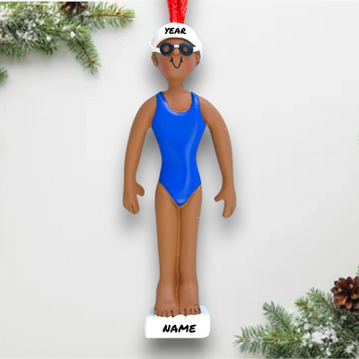 Personalized African American Female Swimmer Ornament with Name and Year – Blue Swimsuit Christmas Ornament