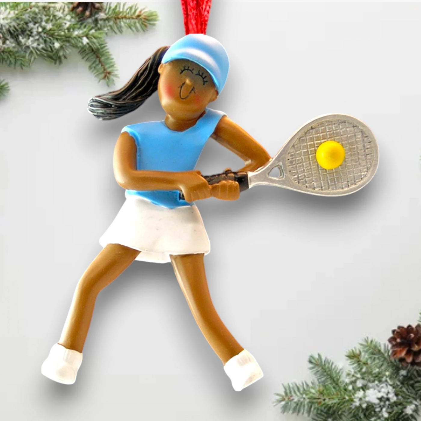 Personalized African American Female Tennis Player Christmas Ornament with Name and Year – Blue Tennis Outfit.