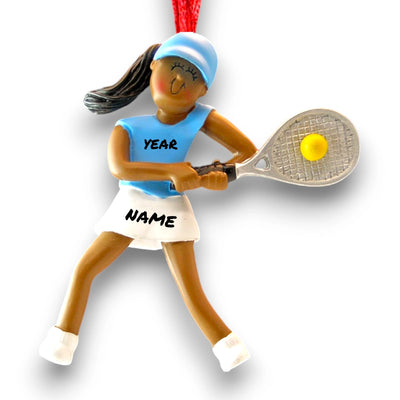 Personalized African American Female Tennis Player Christmas Ornament with Name and Year – Blue Tennis Outfit.