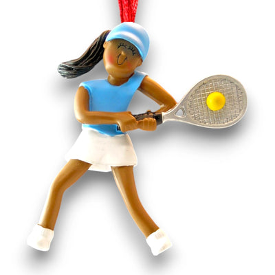 Personalized African American Female Tennis Player Christmas Ornament with Name and Year – Blue Tennis Outfit.