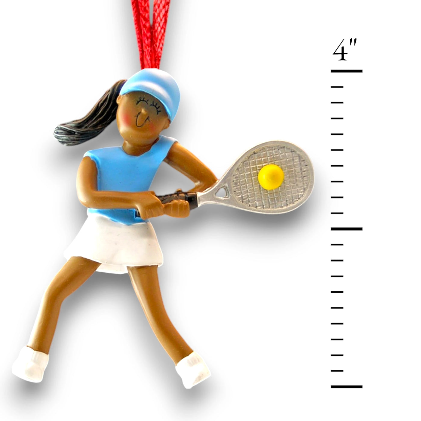 Personalized African American Female Tennis Player Christmas Ornament with Name and Year – Blue Tennis Outfit.