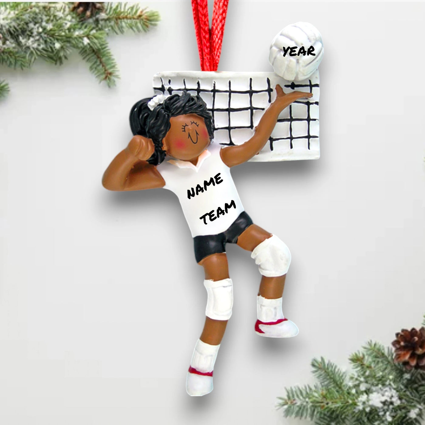 Personalized African American Female Volleyball Ornament with Custom Name and Year – Resin Christmas Ornament