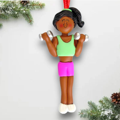 Personalized African American Female Weight Lifter Ornament with Custom Name and Year – Resin Christmas Ornament