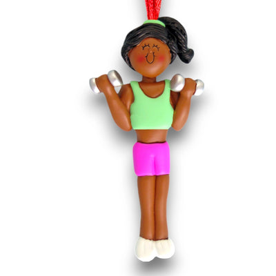 Personalized African American Female Weight Lifter Ornament with Custom Name and Year – Resin Christmas Ornament