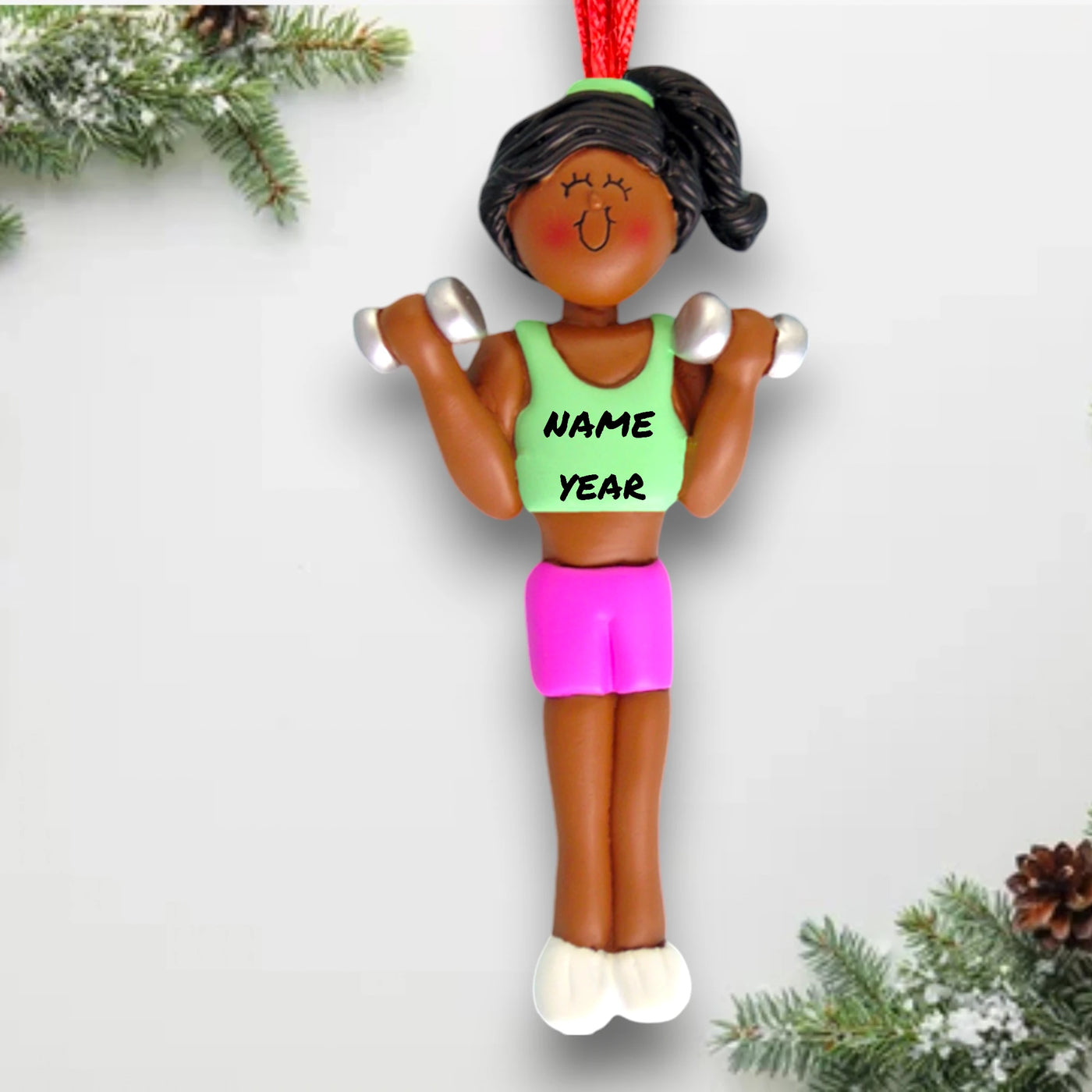 Personalized African American Female Weight Lifter Ornament with Custom Name and Year – Resin Christmas Ornament