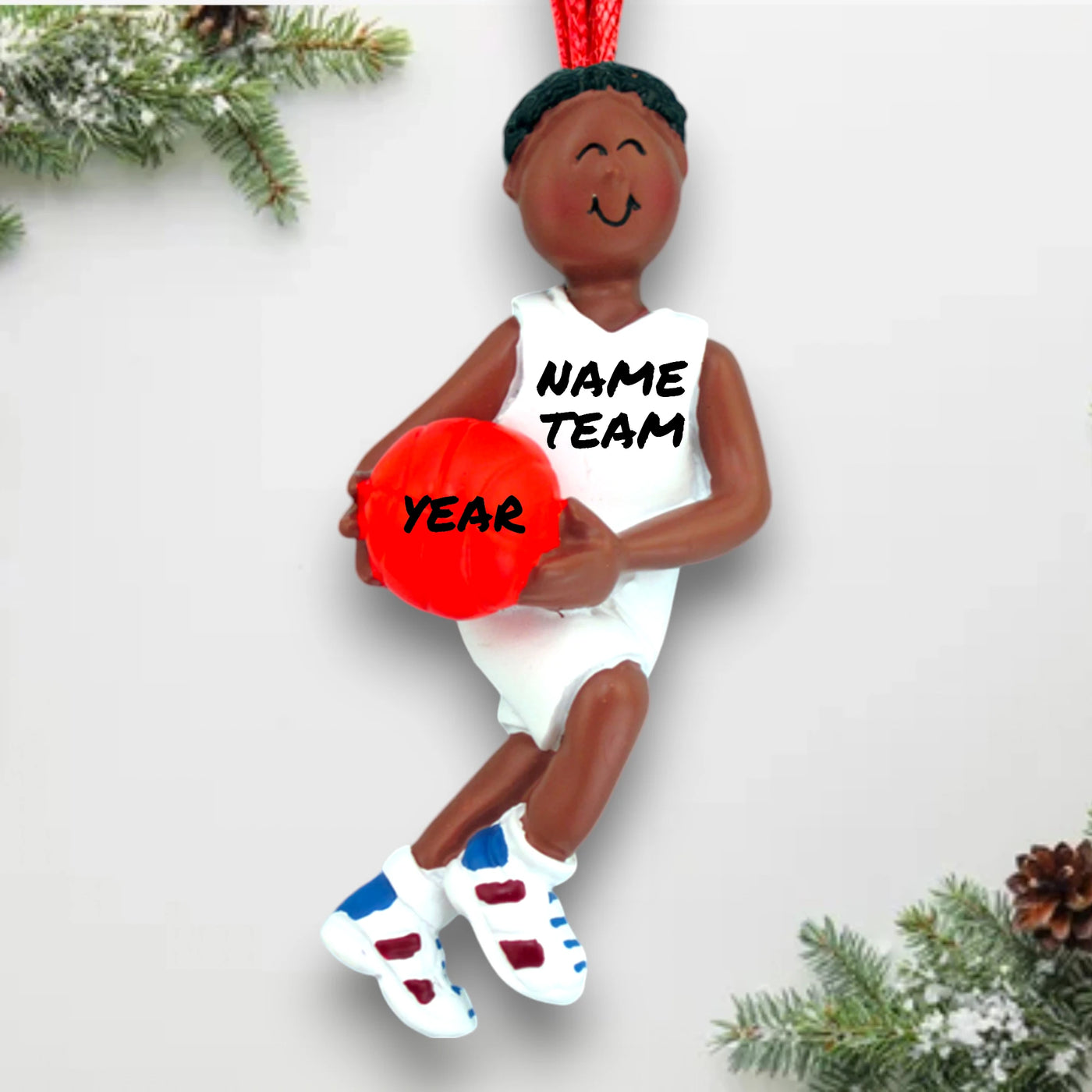 Personalized African American Male Basketball Ornament – Custom Name, Team, and Year Resin Ornament