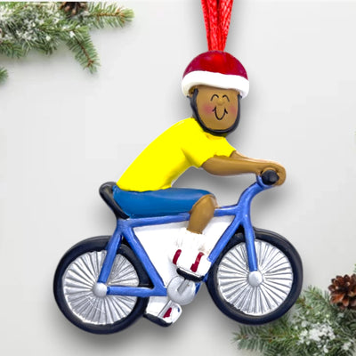 Personalized African American Male Bicycle Rider Ornament with Custom Name and Year – Resin Christmas Ornament