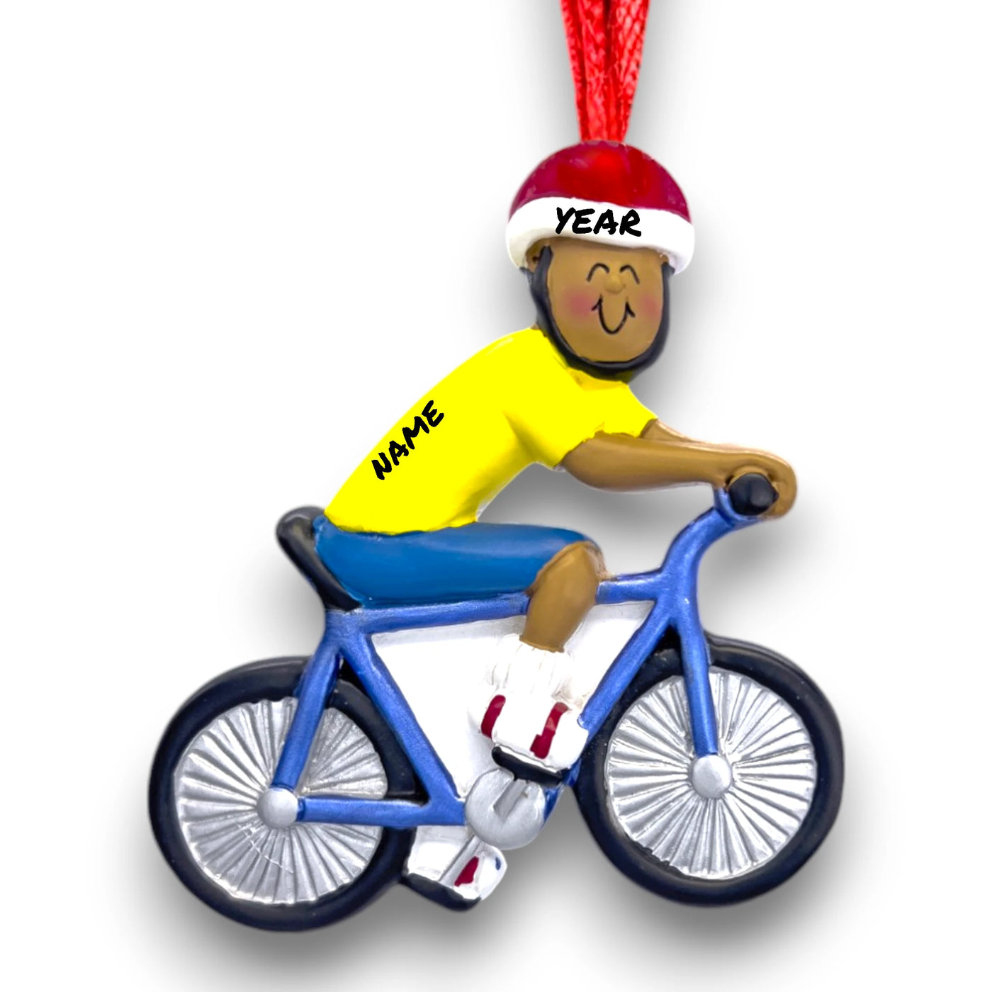 Personalized African American Male Bicycle Rider Ornament with Custom Name and Year – Resin Christmas Ornament