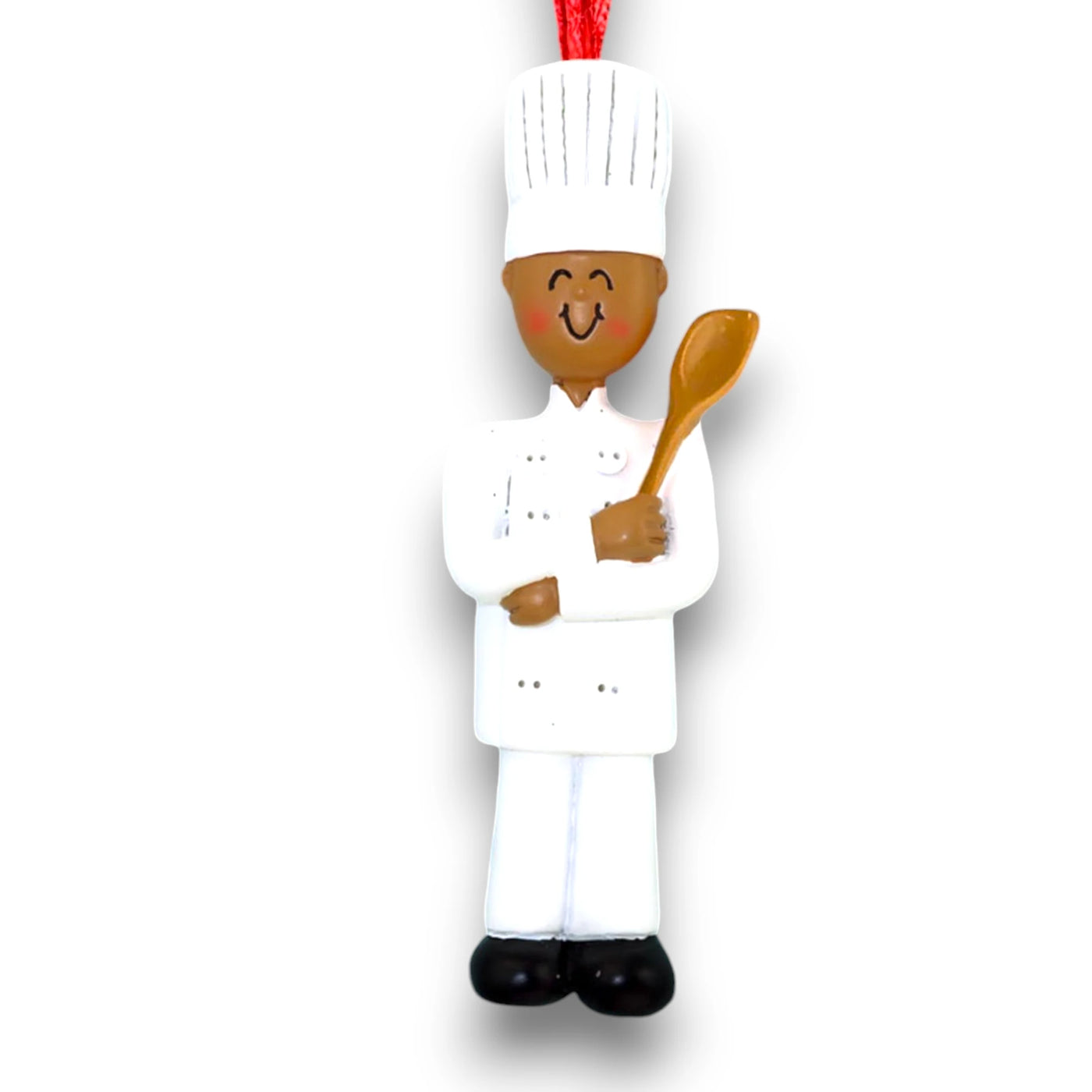 Personalized African American Male Chef Christmas Ornament in White Uniform – Custom Name and Year Resin Ornament

