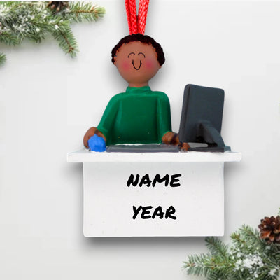 Personalized African American Male Computer User Christmas Ornament at desk with computer – Custom Name and Year Resin Ornament