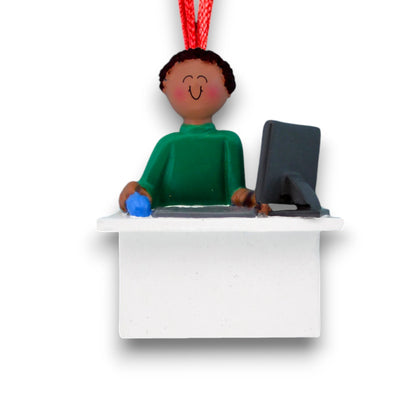 Personalized African American Male Computer User Christmas Ornament at desk with computer – Custom Name and Year Resin Ornament