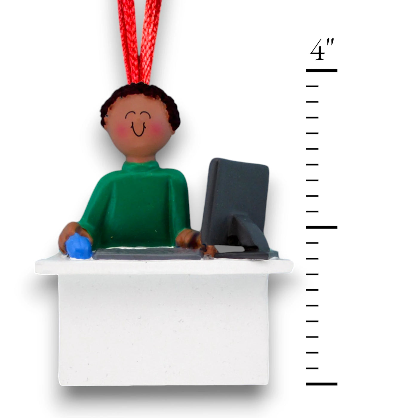 Personalized African American Male Computer User Christmas Ornament at desk with computer – Custom Name and Year Resin Ornament