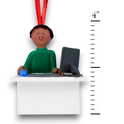 Personalized African American Male Computer User Christmas Ornament at desk with computer – Custom Name and Year Resin Ornament