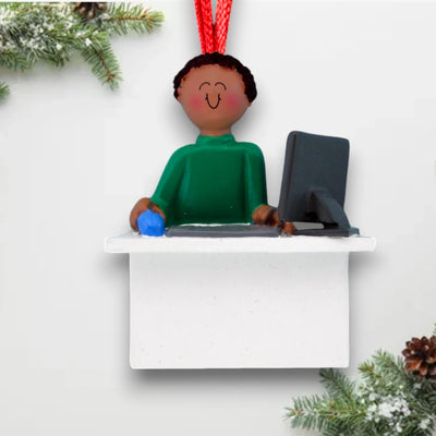 Personalized African American Male Computer User Christmas Ornament at desk with computer – Custom Name and Year Resin Ornament