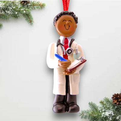 Personalized African American Male Doctor Christmas Ornament with Stethoscope and Clipboard – Custom Name and Year Resin Ornament