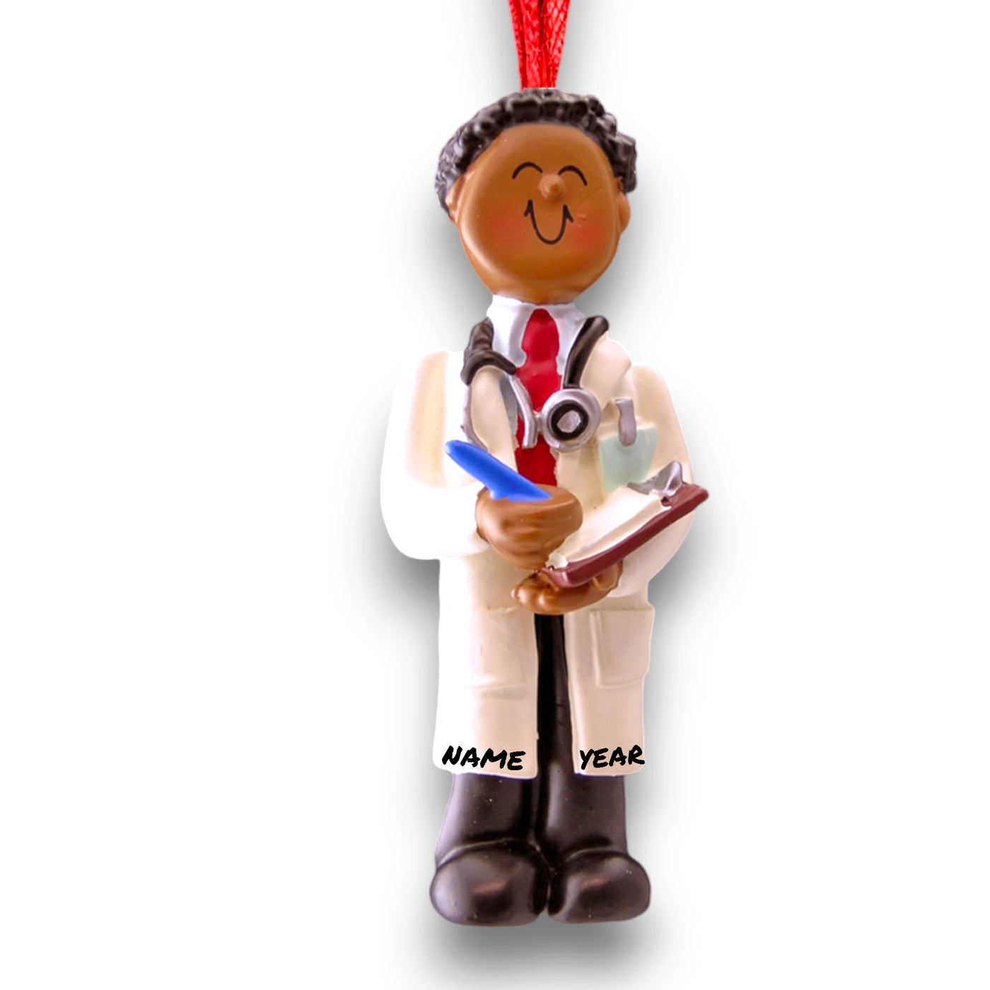 Personalized African American Male Doctor Christmas Ornament with Stethoscope and Clipboard – Custom Name and Year Resin Ornament