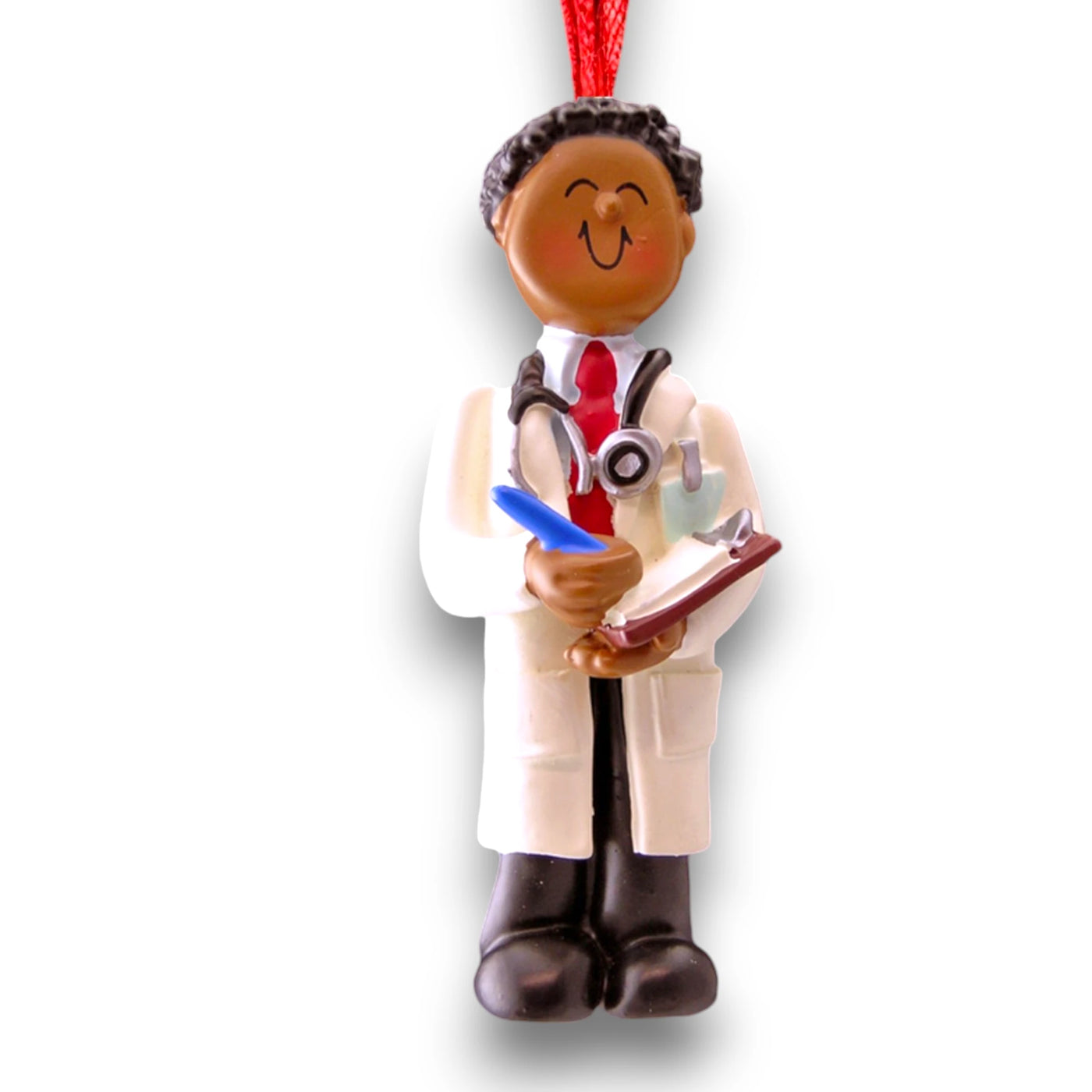 Personalized African American Male Doctor Christmas Ornament with Stethoscope and Clipboard – Custom Name and Year Resin Ornament