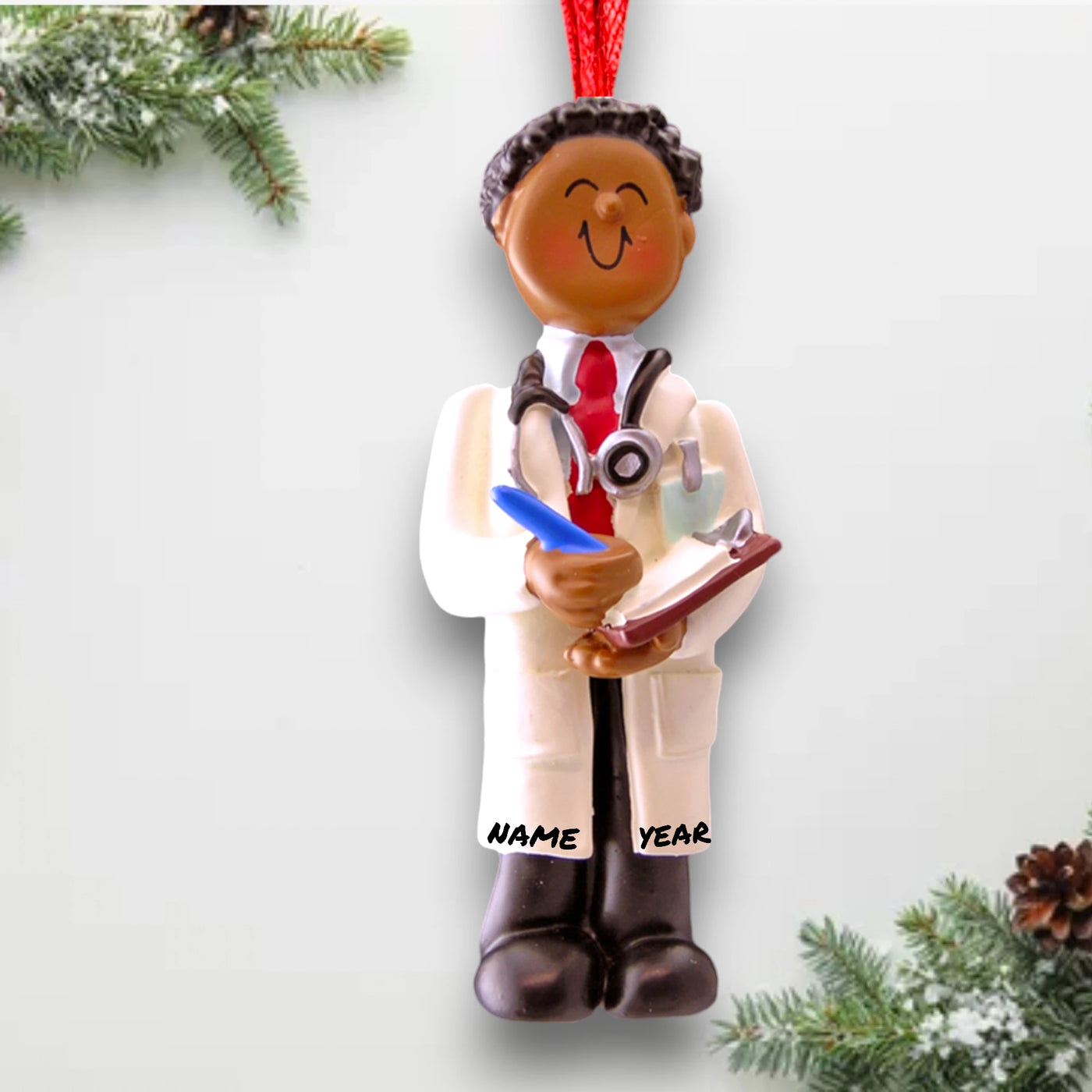 Personalized African American Male Doctor Christmas Ornament with Stethoscope and Clipboard – Custom Name and Year Resin Ornament