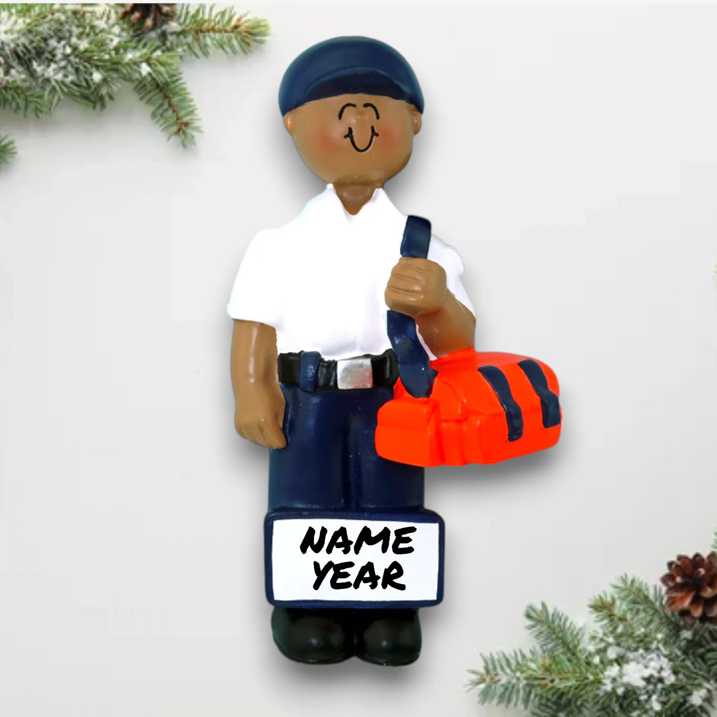  Personalized African American Male EMT Christmas Ornament with Emergency Bag – Custom Name and Year Resin Ornament