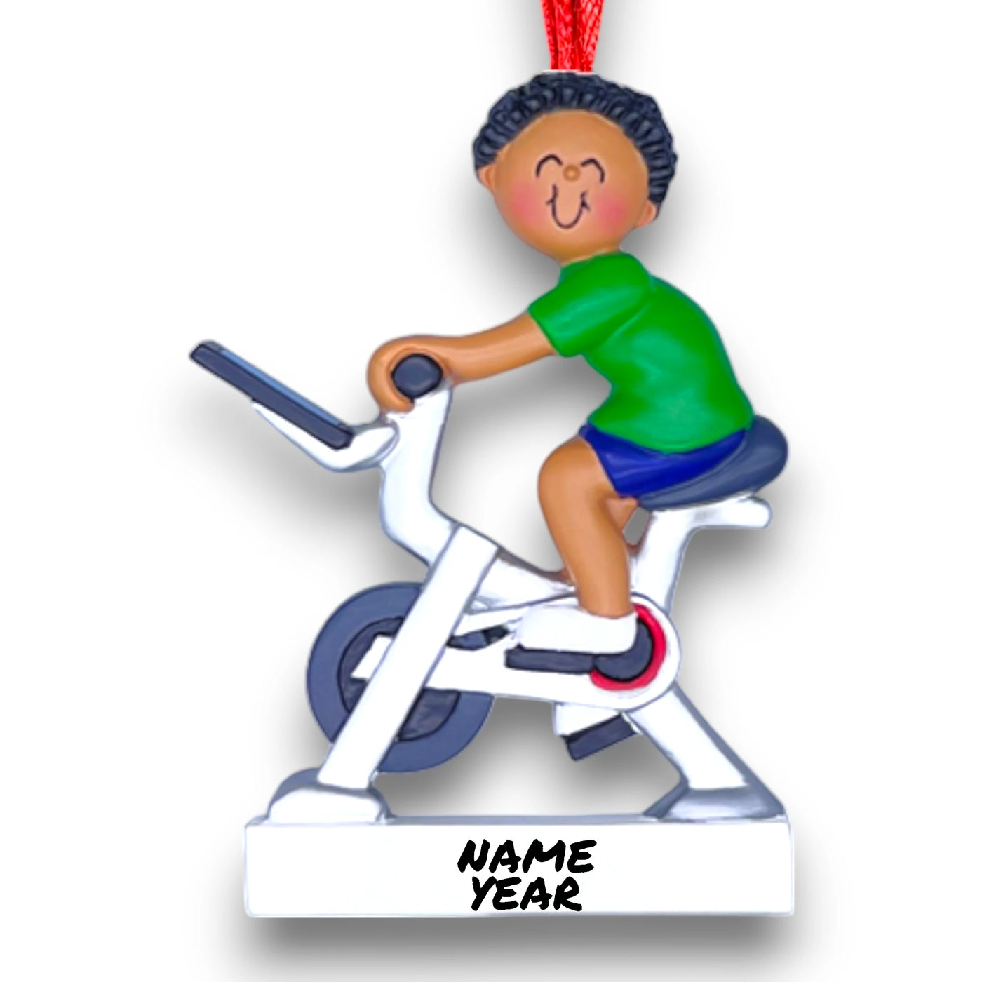 Personalized African American Male Exercise Bike Ornament with Custom Name and Year – Resin Christmas Ornament