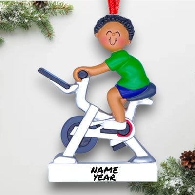 Personalized African American Male Exercise Bike Ornament with Custom Name and Year – Resin Christmas Ornament