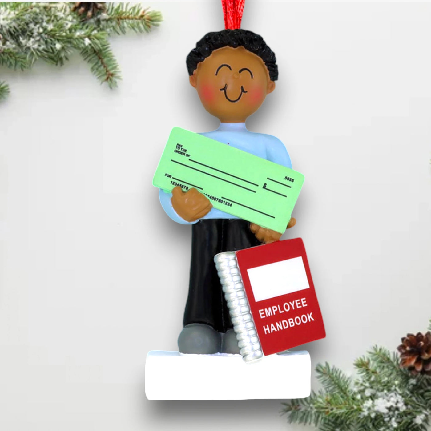 Personalized African American Male First New Job Christmas Ornament with Paycheck and Employee Handbook – Custom Name and Year Resin Ornament