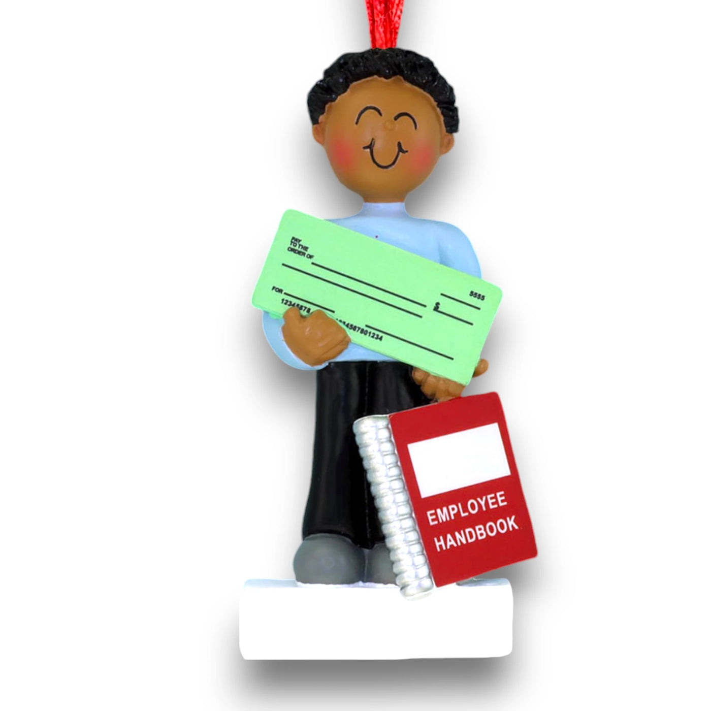 Personalized African American Male First New Job Christmas Ornament with Paycheck and Employee Handbook – Custom Name and Year Resin Ornament