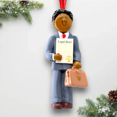 Personalized African American Male Lawyer Christmas Ornament with Briefcase – Custom Name and Year Resin Ornament