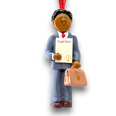 Personalized African American Male Lawyer Christmas Ornament with Briefcase – Custom Name and Year Resin Ornament