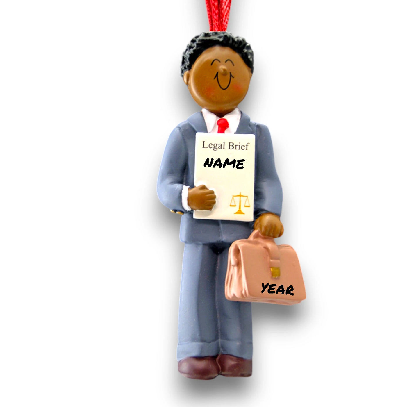 Personalized African American Male Lawyer Christmas Ornament with Briefcase – Custom Name and Year Resin Ornament