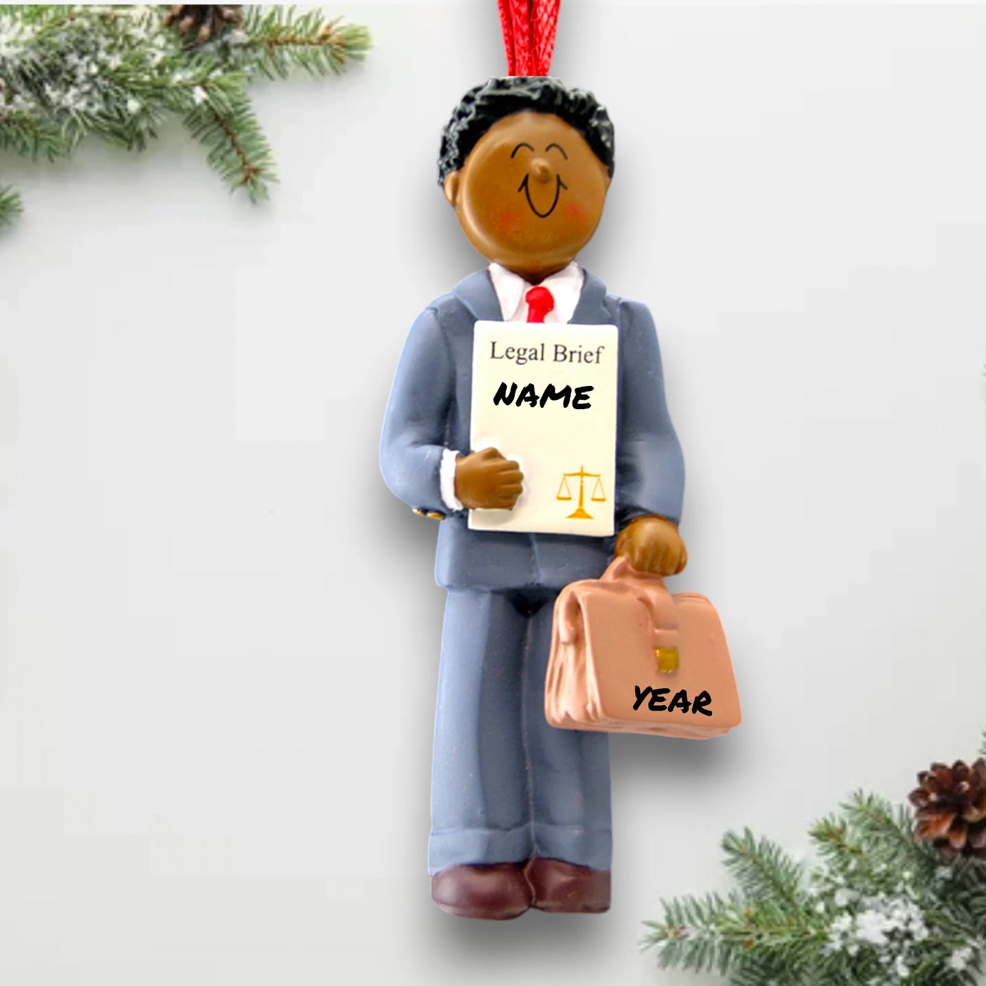 Personalized African American Male Lawyer Christmas Ornament with Briefcase – Custom Name and Year Resin Ornament