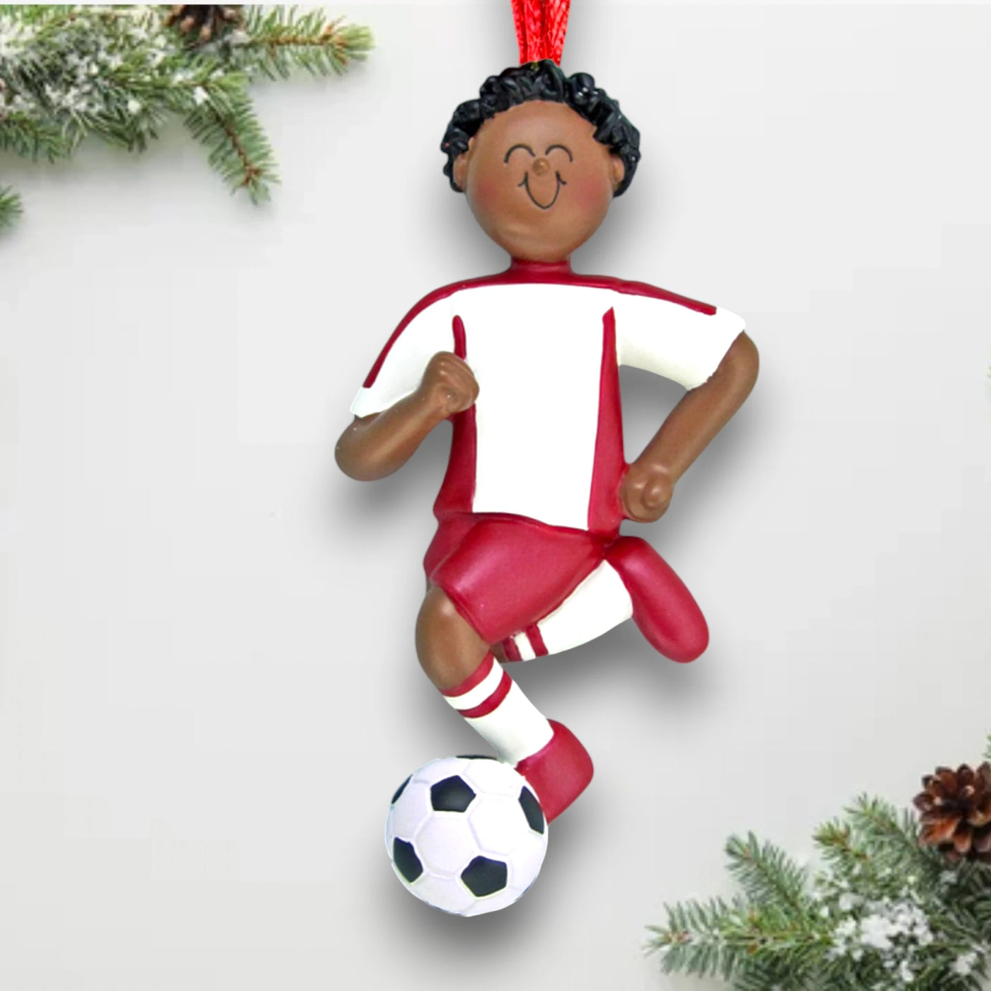 Personalized African American Male Dribbling Soccer Ornament in Red Uniform, customizable with name, team, and year.