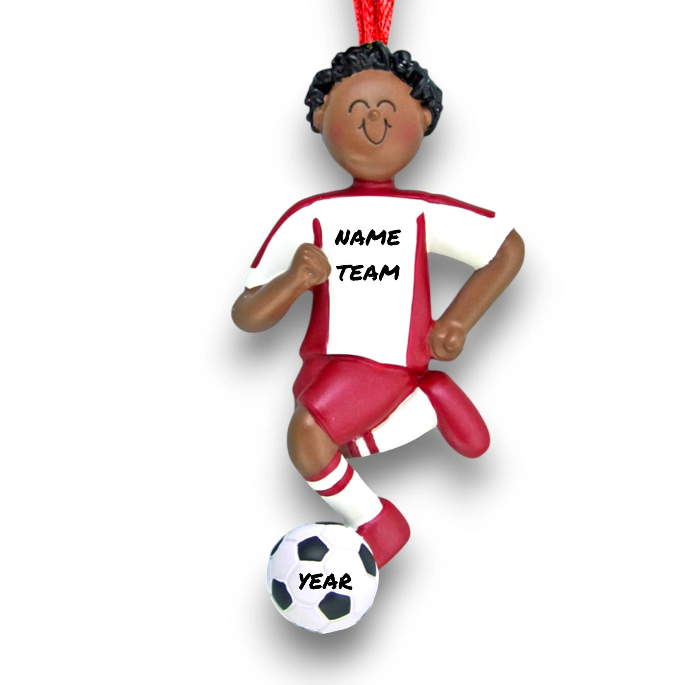 Personalized African American Male Dribbling Soccer Ornament in Red Uniform, customizable with name, team, and year.