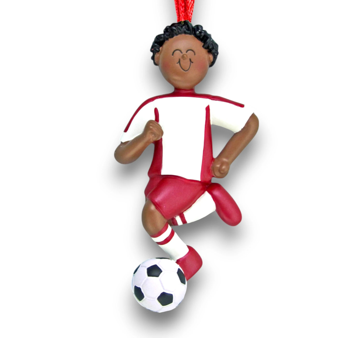 Personalized African American Male Dribbling Soccer Ornament in Red Uniform, customizable with name, team, and year.