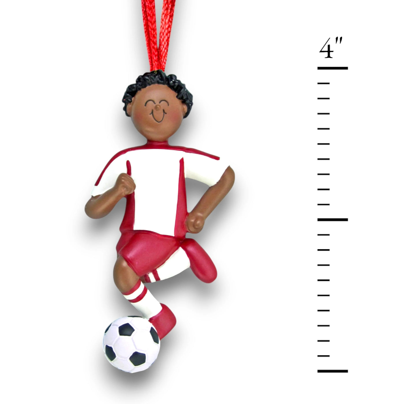 Personalized African American Male Dribbling Soccer Ornament in Red Uniform, customizable with name, team, and year.