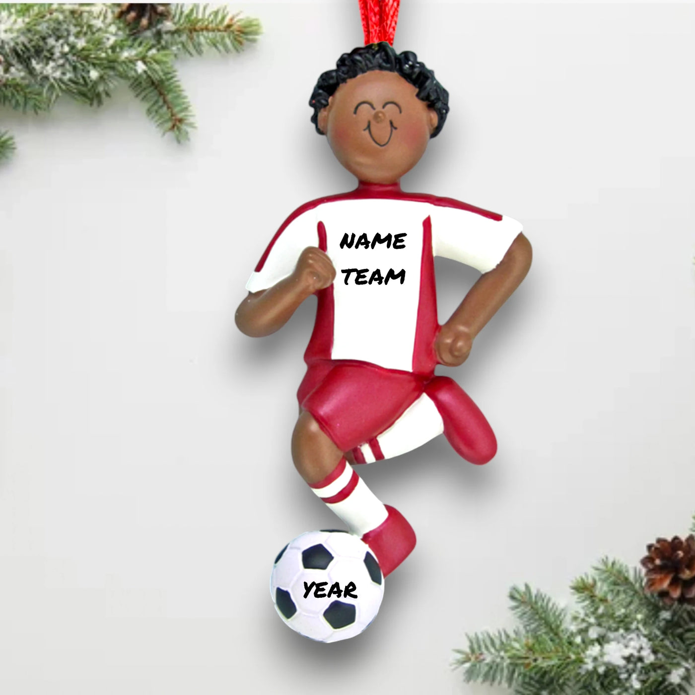 Personalized African American Male Dribbling Soccer Ornament in Red Uniform, customizable with name, team, and year.