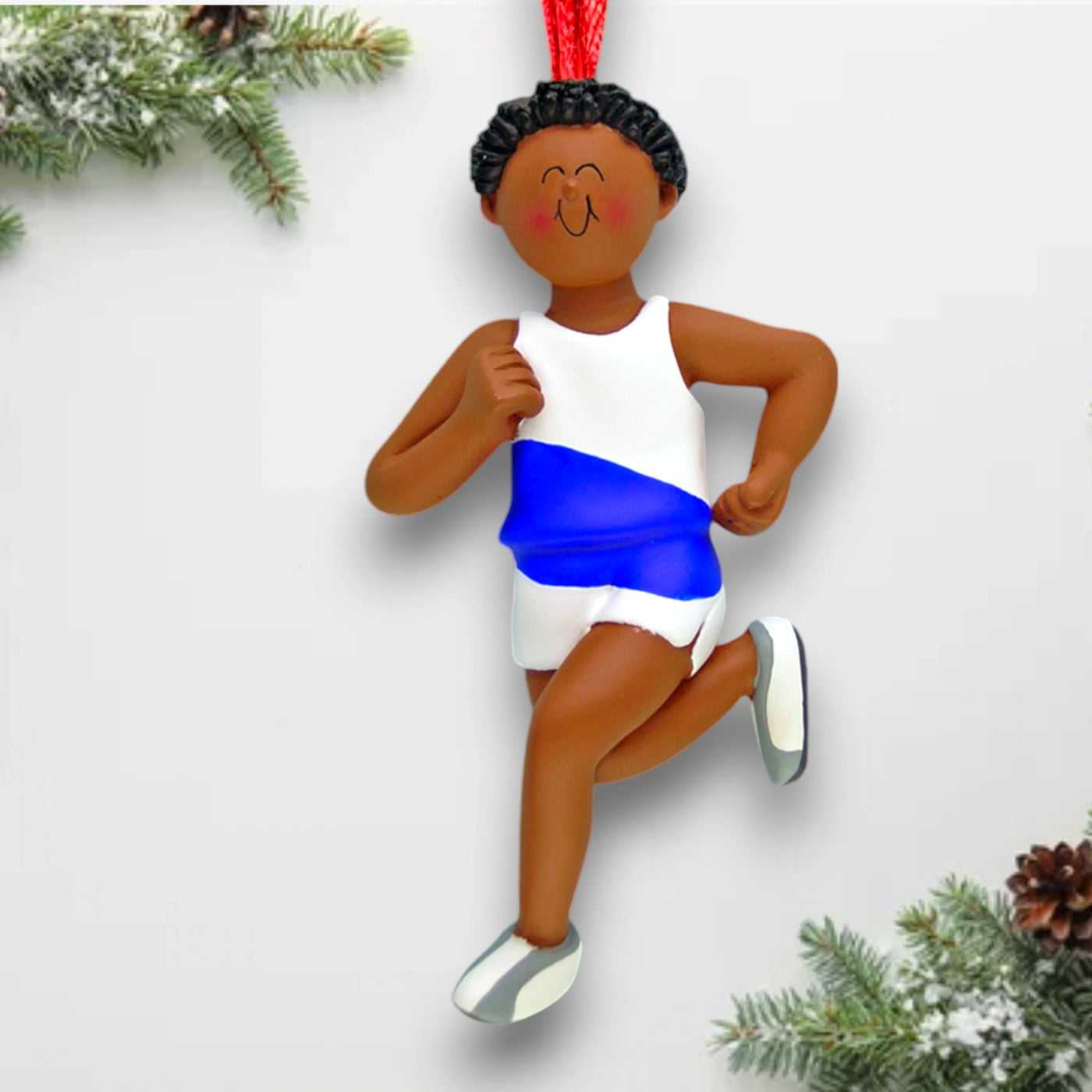 Personalized African American Male Runner Christmas Ornament with Custom Name and Year – Resin Ornament for Fitness Enthusiasts.