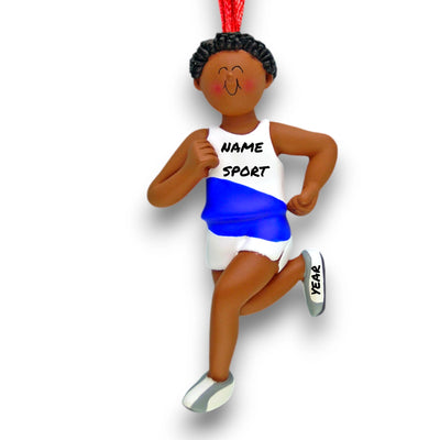 Personalized African American Male Runner Christmas Ornament with Custom Name and Year – Resin Ornament for Fitness Enthusiasts.