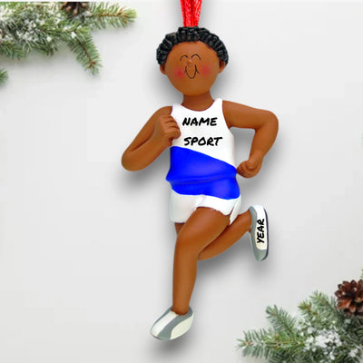 Personalized African American Male Runner Christmas Ornament with Custom Name and Year – Resin Ornament for Fitness Enthusiasts.