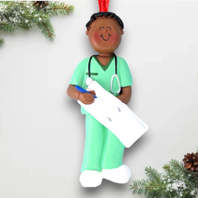 Personalized African American Male Nurse Ornament in Green Scrubs with Clipboard – Custom Name and Year Resin Ornament