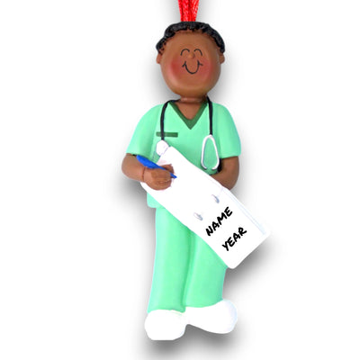 Personalized African American Male Nurse Ornament in Green Scrubs with Clipboard – Custom Name and Year Resin Ornament