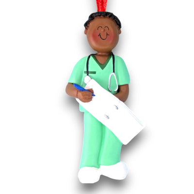 Personalized African American Male Nurse Ornament in Green Scrubs with Clipboard – Custom Name and Year Resin Ornament