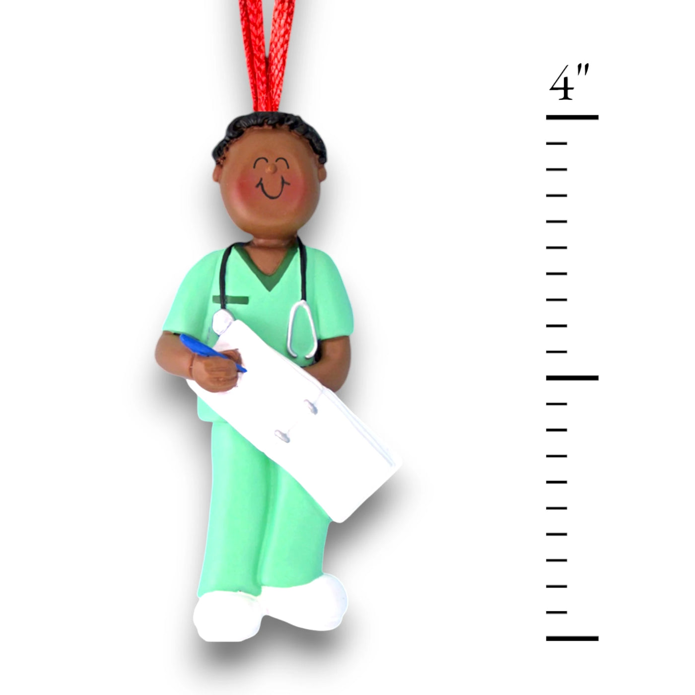 Personalized African American Male Nurse Ornament in Green Scrubs with Clipboard – Custom Name and Year Resin Ornament