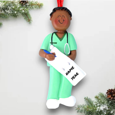 Personalized African American Male Nurse Ornament in Green Scrubs with Clipboard – Custom Name and Year Resin Ornament